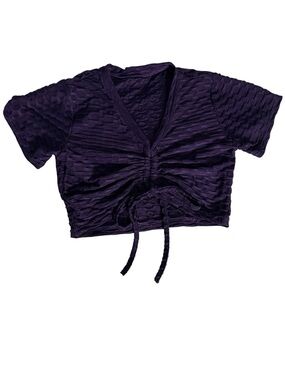 Dark Purple Honeycomb Textured Ruched Drawstring Front Crop Top